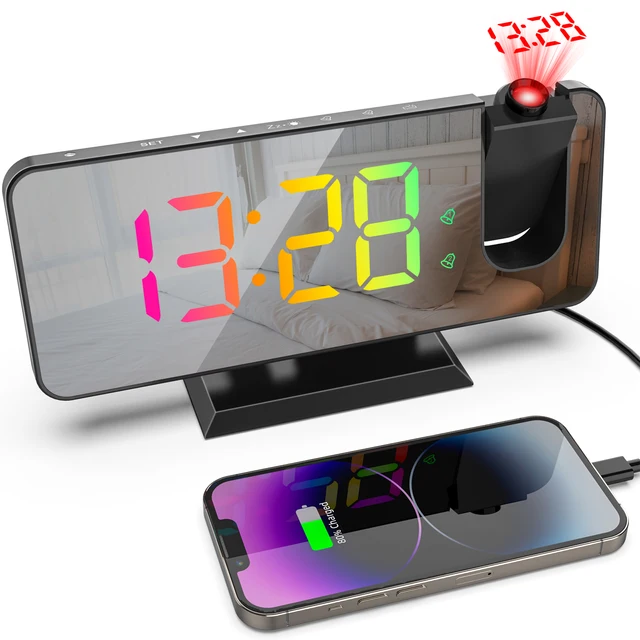 Mouscil Színű Led Digitális Intelligens Ébresztőóra Elektronikus Asztali Órák Usb Ébresztési Órával 180 ° -Os Időre Vetítést Szundikál