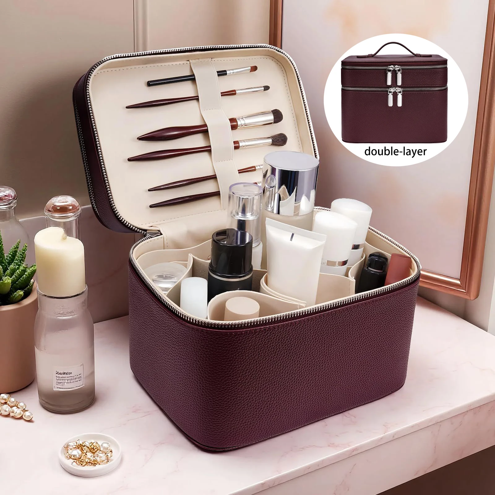 Double Layered Portable Professional Makeup Bag Skincare Tool Pack Beauty Eyelash PU Storage Box Multi Partition Cosmetic Bag 1