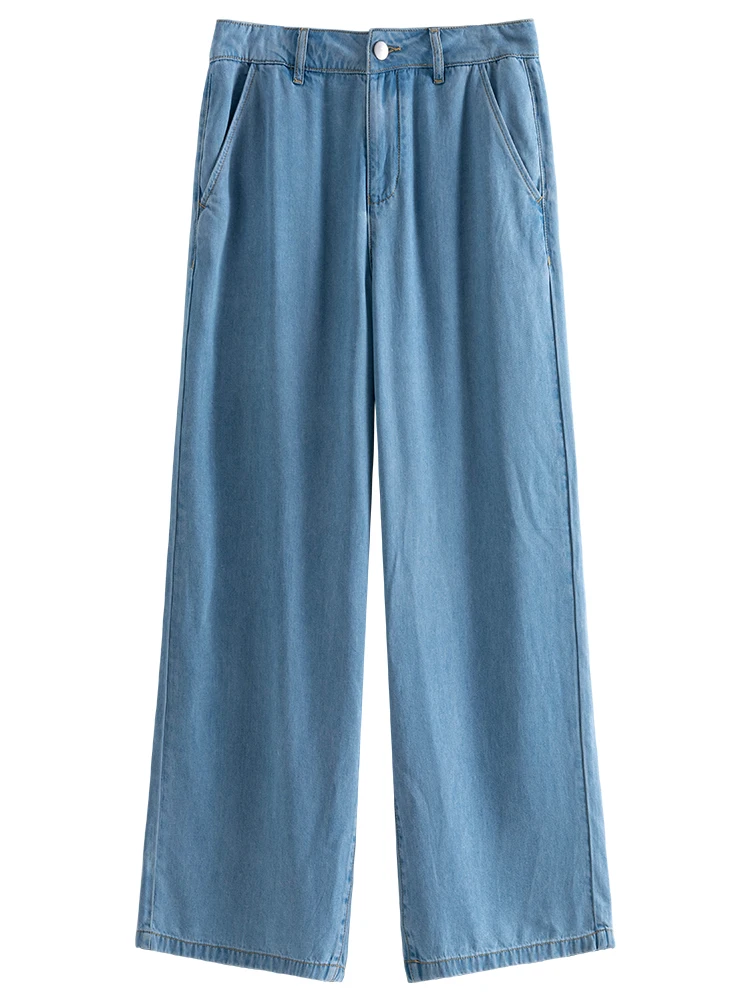 DUSHU Women Tencel Straight Jeans 2024 Summer Thin Denim Blue Wide Leg Trousers Drapey High Waist Acetate Jean 24DS82104