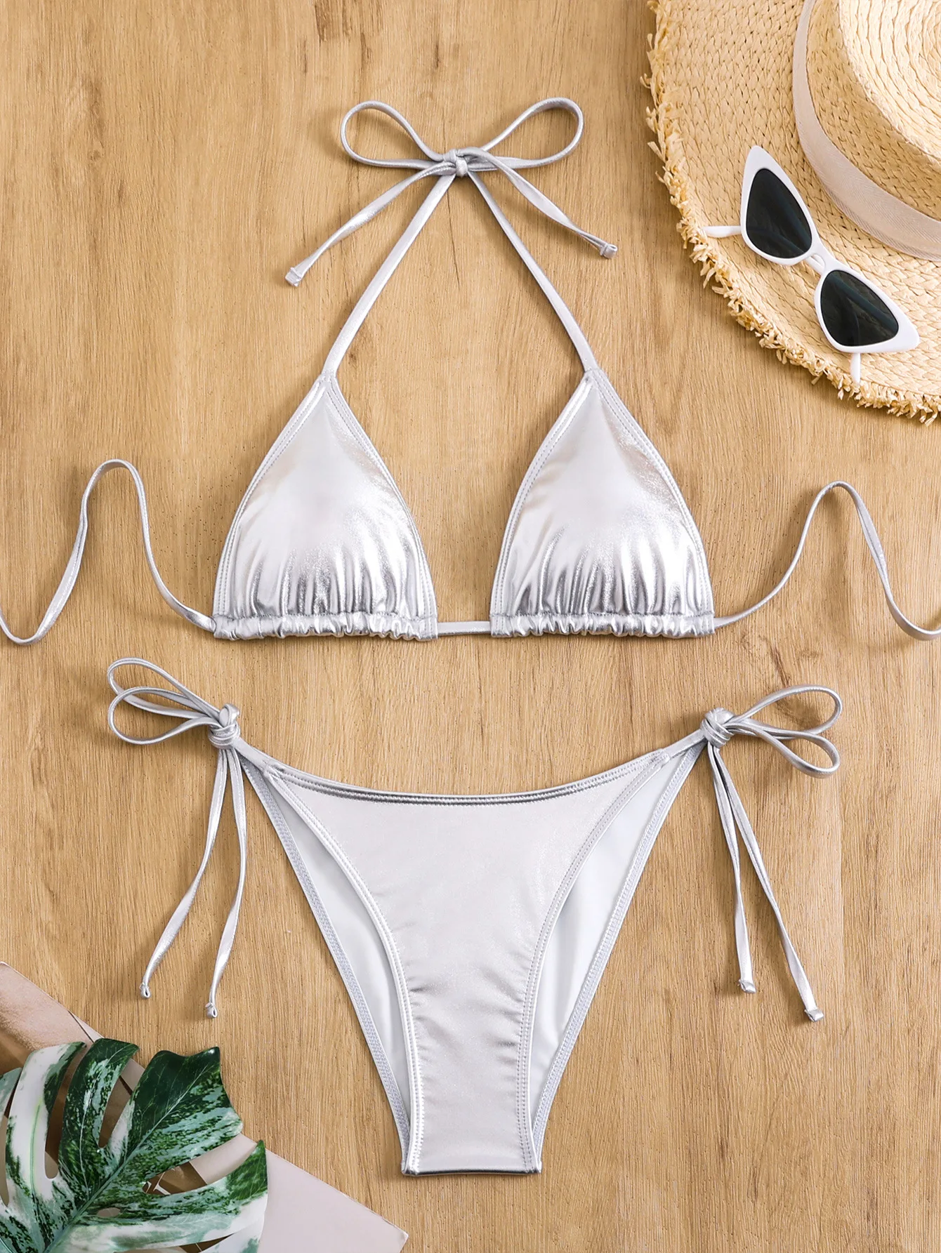 Sexy Triangle Push Up Bikini Metallic Brazilian Swimwear Women Golden Silver Side String Bikini Bathing Suit Beach Wear Biquini