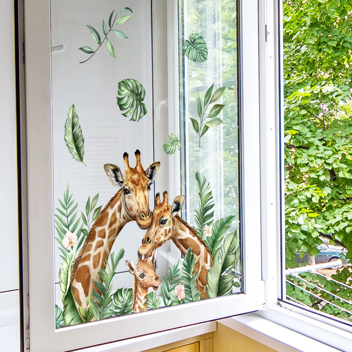 Cute Giraffe Family Green Leaves Wall Stickers Kids Baby Room Decor Wallpaper Living Room Bedroom Wall Decor Animals Decals