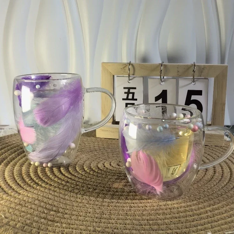 250/350ml Feather Glass Coffee Cup Double-layer Creative Feather Clear Heat-resistant Glass Mug Home Milk Juice Muse Yogurt Cups