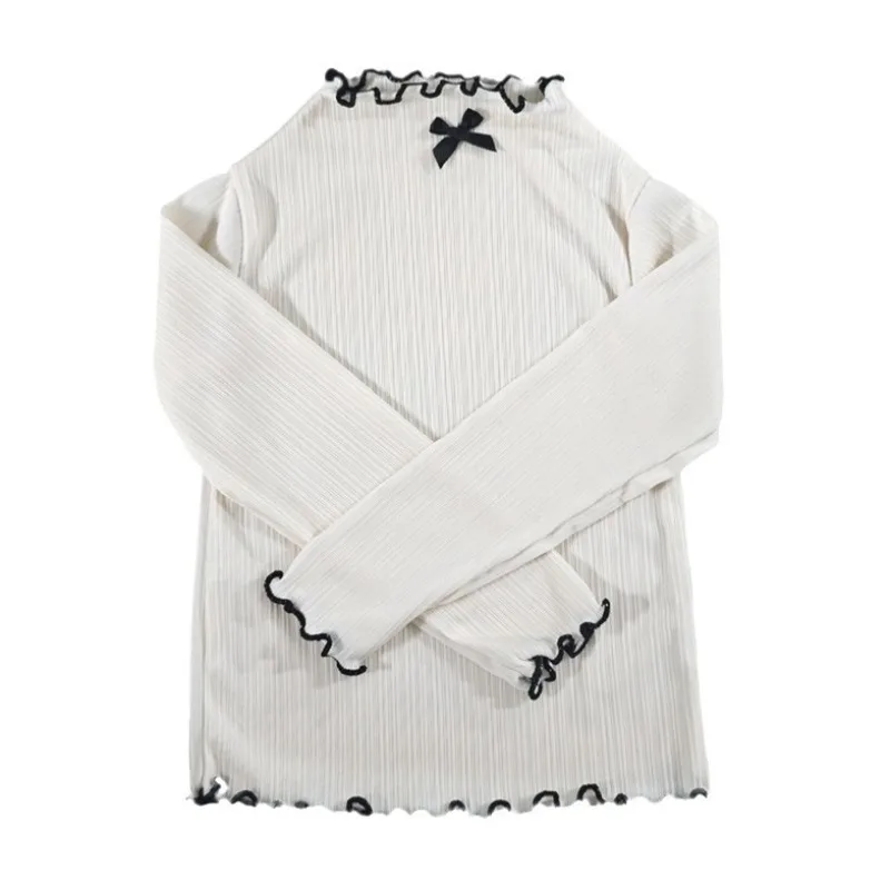 6M-8Y Girls Long Sleeved T-shirt Children Ruffled Edge Bow Knitted Tops 2025 Autumn Versatile Base Shirt for Baby Girls