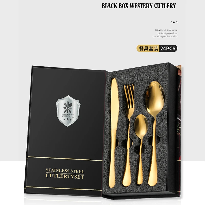 

16-24pcs Black Gold Western Dinnerware Gift Box Stainless Steel Cutlery Fork Knife Spoon Tableware Set Wedding Dinner Family New