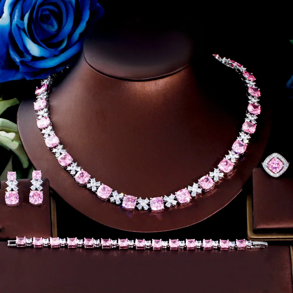 Pink Stone Wedding Jewelry Set | Pink Necklace Earring Set
