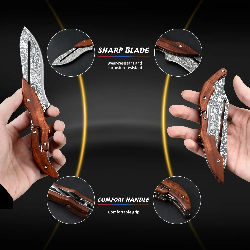 Outdoor Folding knife Stainless steel Fixed blade Wooden Handle Pocket Knife Fishing knife Multi-functional Survival Camping Too