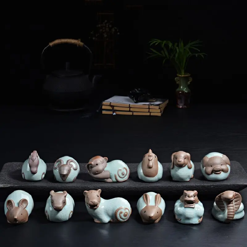 

Маленькие статуи китайского зодиака для чая ручной работы, керамические статуи, миниатюрное украшение для дома, 12 дюймов