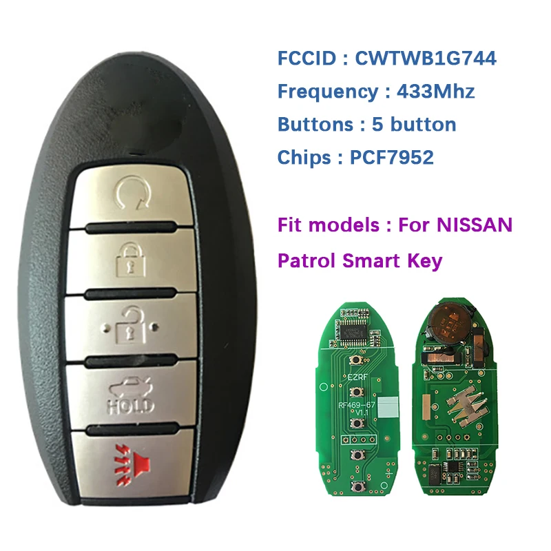 

CN027057 Aftermarket 5 Button Patrol Smart Key FCC ID CWTWB1G744 PCF7952 Chip 433Mhz With Keyless Go 285E3-1LB5A