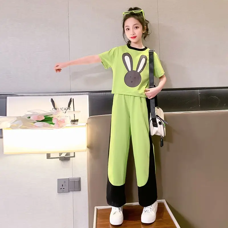 

Summer Girls Clothes Suit 2023 Short-Sleeved+Patchwork Pant 2Pcs Set College Style Cartoon Children Clothing Baby Tracksuits