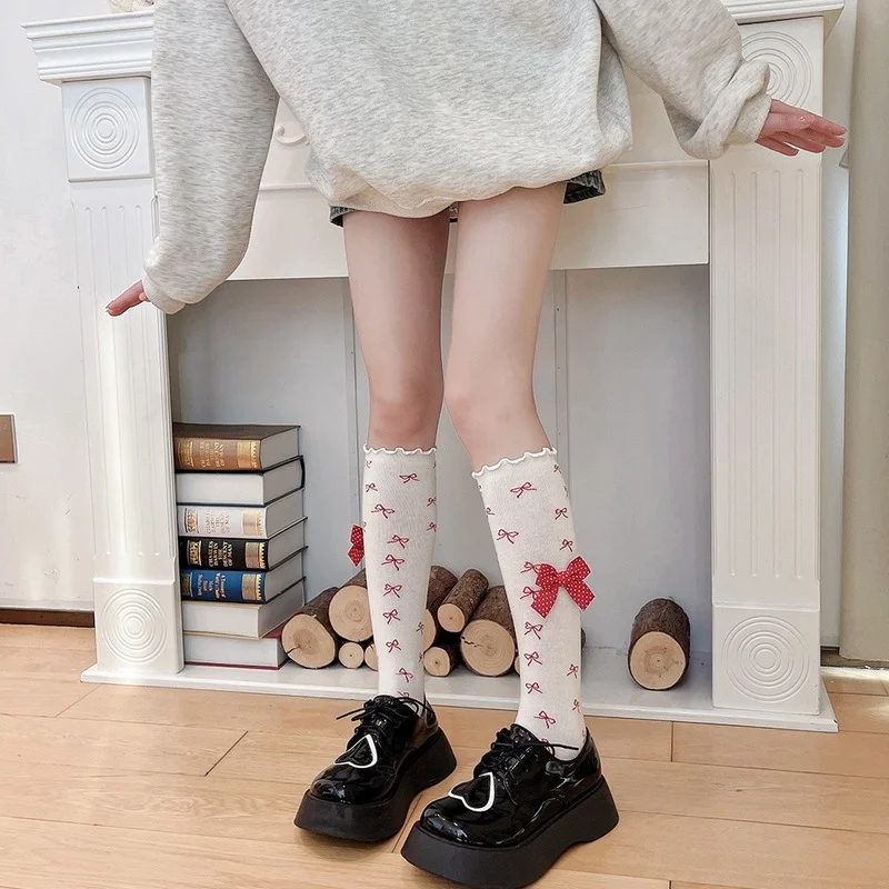 

Japanese Women's Socks New Style Cute High Bow Printing Calf Hemming Middle Tuble Cotton JK Lolita Pure Color Sweet Lady Sock