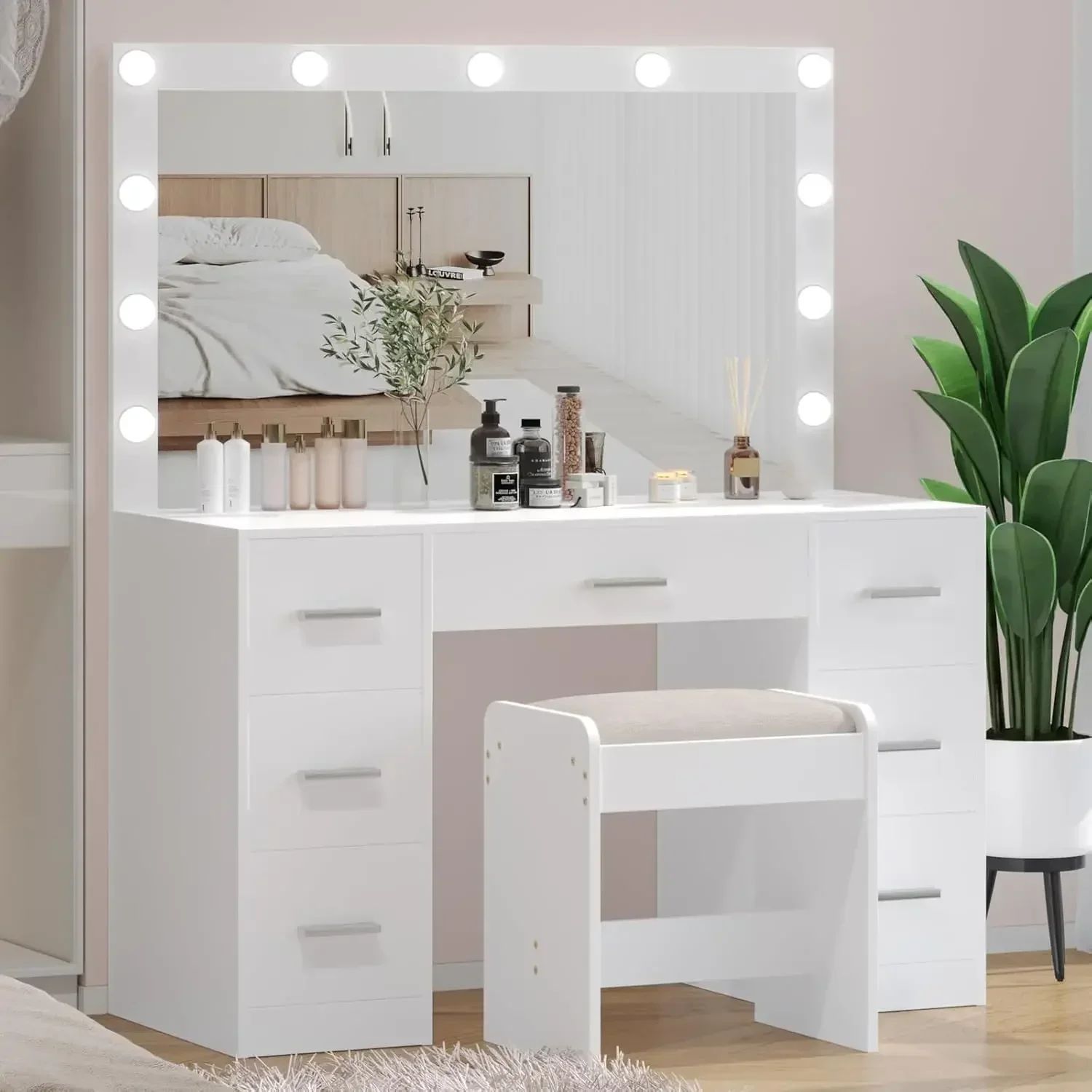 Vanity Desk with Stool, Makeup Table with Lighted Mirror, 3 Color Lighting Modes, Brightness Adjustable