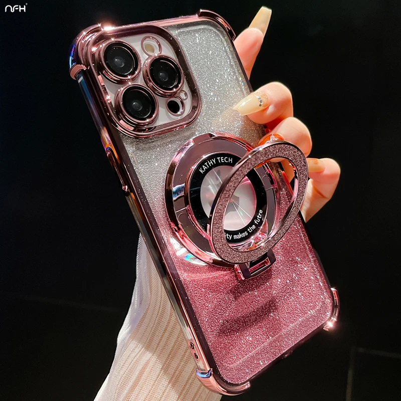 Luxury Magsafe Magnetic Flash Plating Phone Case with Stand and Lens Protection