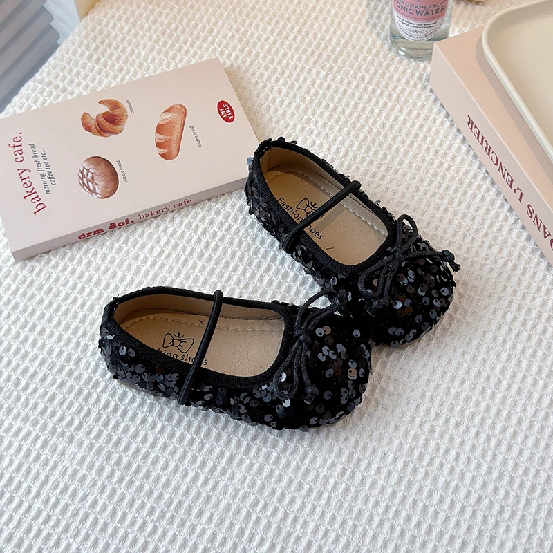 Girls Shoes Kids Glitter Leather Shoes for Wedding Stage Party Sequins Bling Shiny with Bow-knot Princess Soft Children's Flats