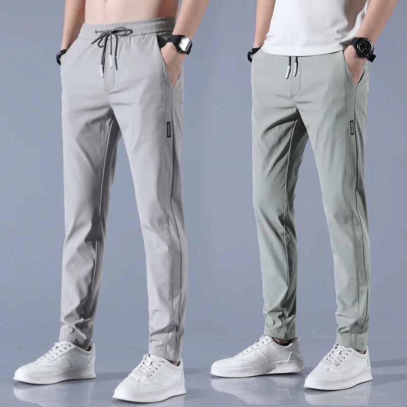 Men\'s Ice Silk Trousers Solid Color Mid-Waist Loose Breathable Straight-Leg Casual Pants Thin Quick-Drying Sports Pants