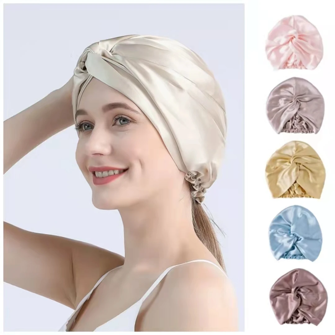 100 Mulberry Silk Turban Bonnets For Women Twisted Sleeping Night Cap 19 Momme Pure Silk Hair Wrap Cap For Curly Ladies Headwrap 2