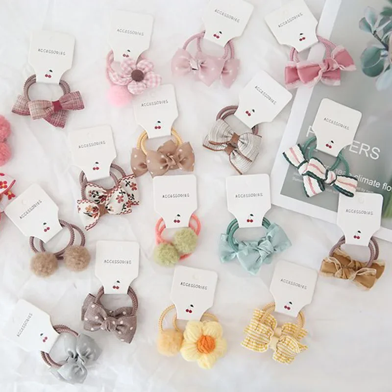 2Pcs/set Baby Elastic Hair Rubber Bow Ball Rope Children Bands for Kids Girls Headband Tie Ring Headwear Scrunchie Accessories