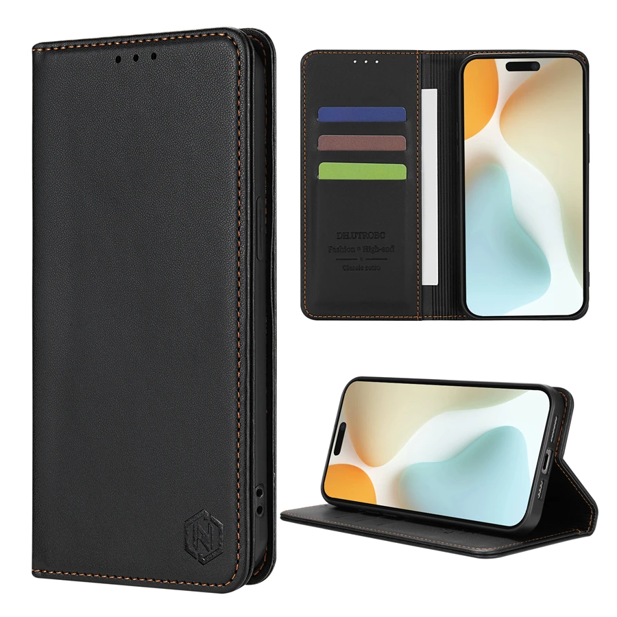 Leather Flip Wallet Case with Card Slot and Strong Magnetic Closure