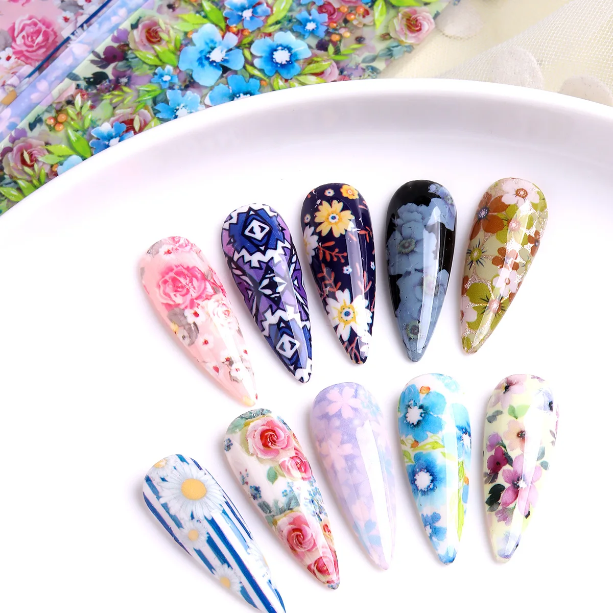 10 Stück Vintage Frühlingsblumen Nagelkunst Folien-Transferaufkleber Rosen-Design Transferaufkleber Folie für Nägel Nagelkunst – Detail 9