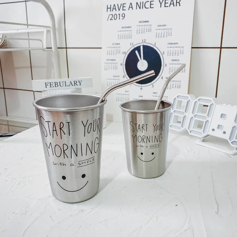 

304 Stainless Steel SprayPaint Beer Cup Cold Water Drinks Cup Household Office Use Gargle Cup Mug with Straw Cups Coffee Mug