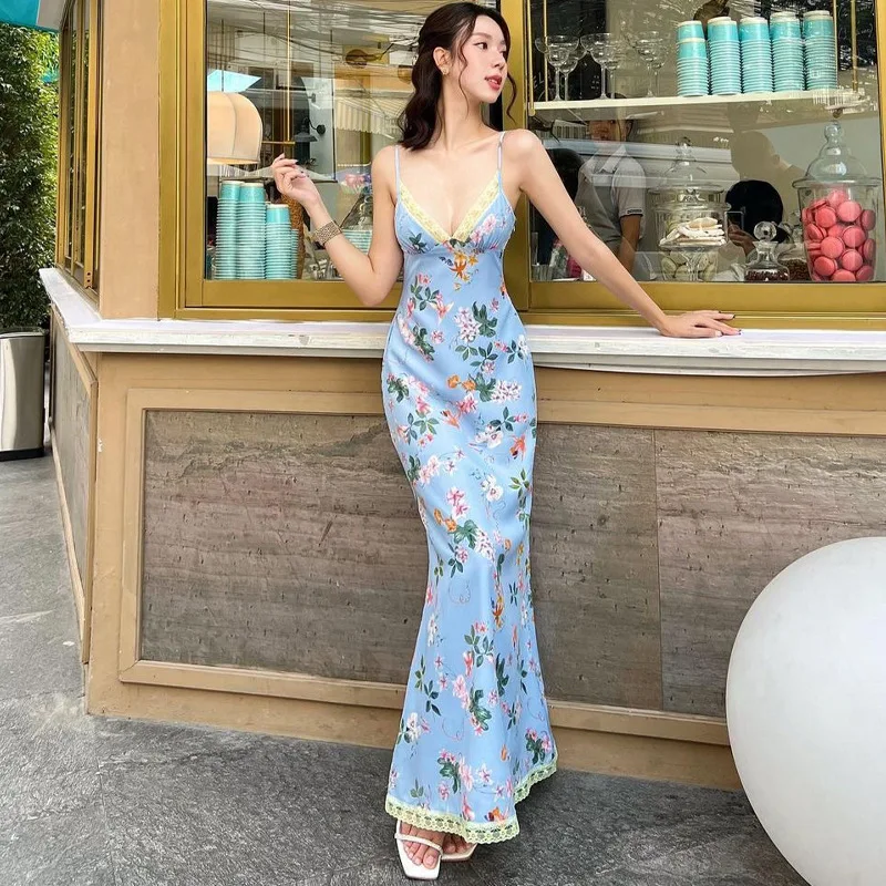 

Women's Sexy Floral Printed Open Back Sling Dress 2024 Summer New Fashion Bohemian Style Sweet V-Neck Sleeveless Bodycon Clothes