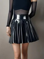 Women's Plus Size Pleated Skirt PU Shiny Patent Faux Leather Elegant Solid Mini Umbrella Skirt Trendy Designer Cute A-line Skirt - Image 6
