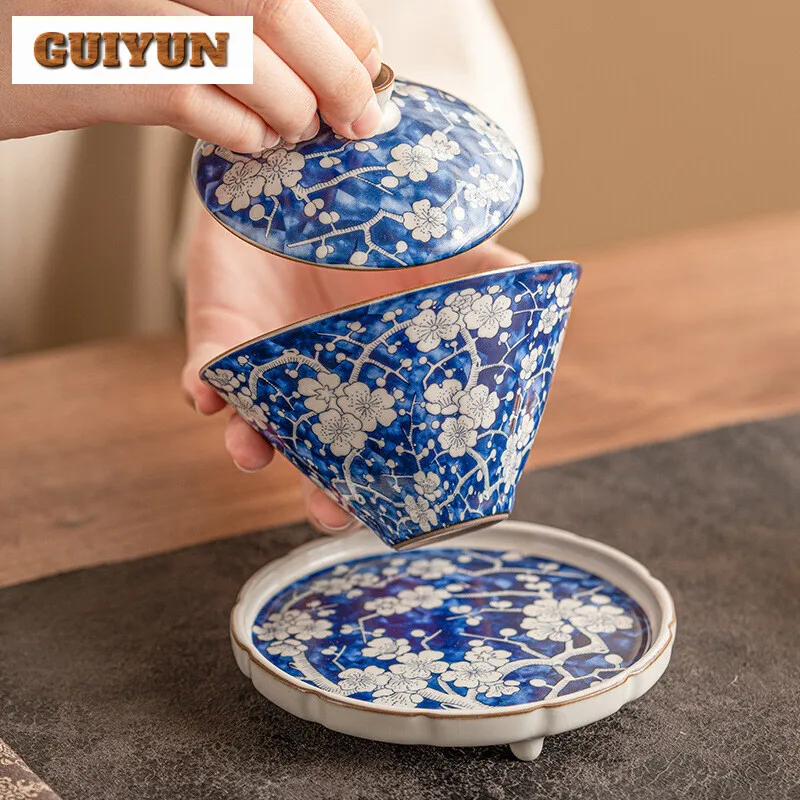 150ml Blue Ice Plum Blossom Gaiwan Retro Ru Kiln Bamboo Hat Sancai Tea Tureen Tea Making Cover Bowl Drinkware Supplies Craft