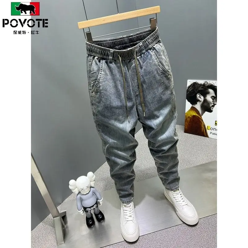 Casual Vintage Men's Fashion Drawstring Jeans with Thickened Fleece and Loose Harem Pants for Autumn and Winter Cargo Trousers 4