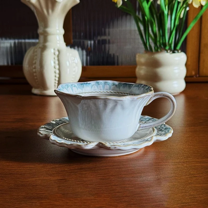 French Vintage Coffee Cup Ceramic Niche Design Relief Afternoon Teacup with Dessert Plate Home Water Cups Kitchen Drinkware