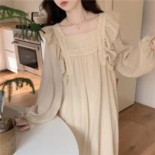Spring Nightgown Women Sweet Court Style Nightdress Autumn Nightwear Sleepwear Night Dress 2024 Girls Home Dressing Gown Pajamas
