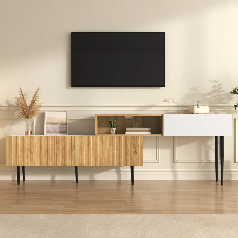 Moderner TV-Ständer aus dunklem Holz mit Marmorplatte – Holzschnitzerei, PVC-Kante und Eisenbeine | Langlebige Konstruktion, ideal für das Wohnzimmer – Detail 31