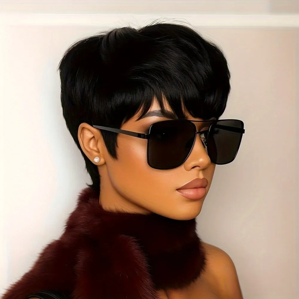 여성용 숏 픽시컷 인모 가발 - 기계식 제작 180% 밀도 인모 스트레이트 내추럴 가발 (앞머리 포함)