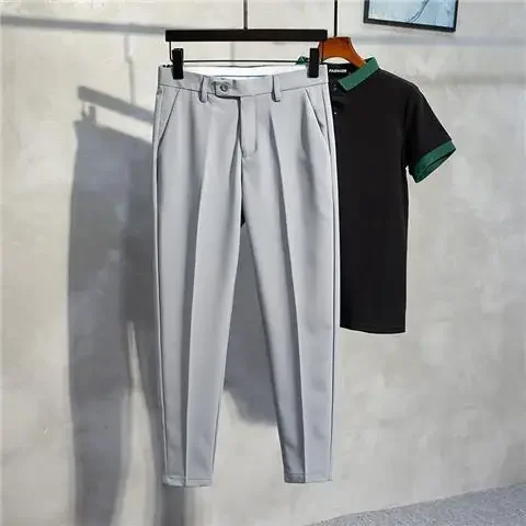 thumbnail image 1 of 9 pantalones de traje para hombre recortados, pantalones blancos para hombre, ropa de estilo coreano de lujo de alta calidad con drapeado fluido, licra, verano 2024, baratos, 1 of 5