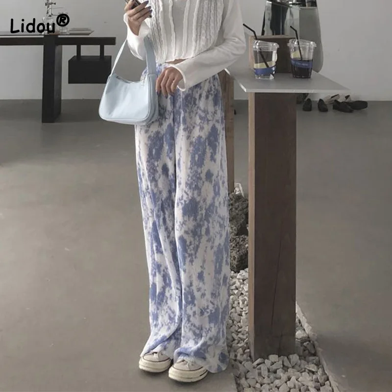 Sweet Tie Dye Wide Leg Pants for Women's New Pleated Design Leisure Loose High Waisted Draped Straight Leg Floor Mop Trousers