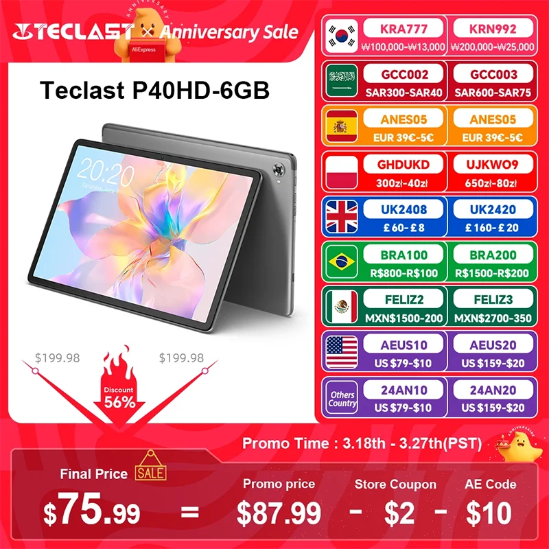 Teclast P40HD 2023 10.1 inch Tablet 6GB RAM 128GB ROM Android 12 Tablete  1920x1200 FHD T606 8-core Type-C 4G LTE Widevine L1