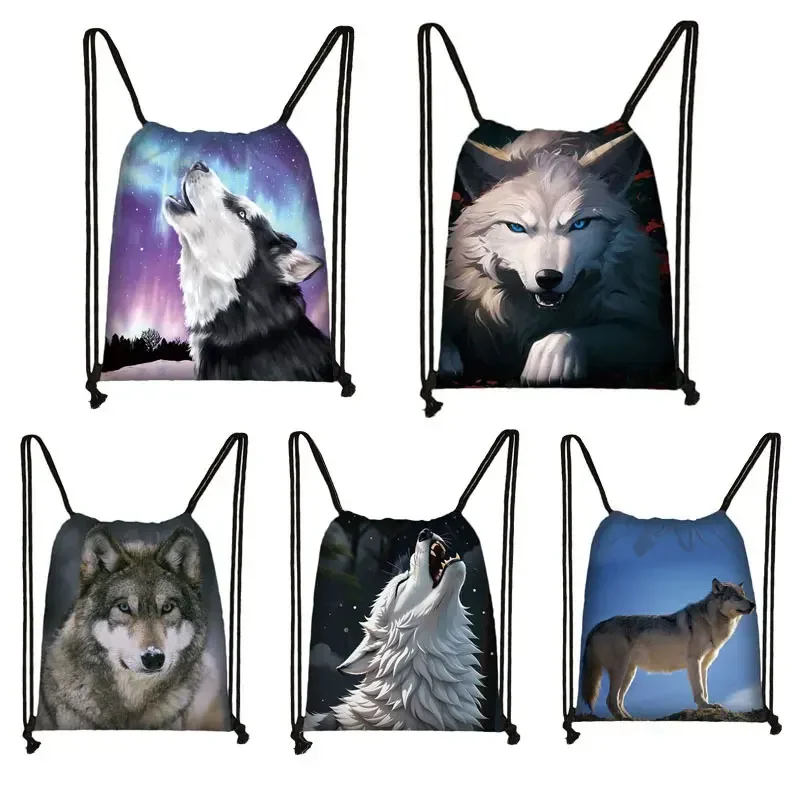 

Winter Howling Wolf Print Drawstring Bag Men Storage Bags Teenager Boys Backpack Fashion Travel Bag Boys Bookbag Mini Backpack