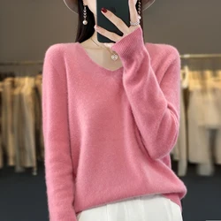 Women's 100% Pure Wool Cashmere V-Neck Sweater - Cozy Knit Top - XXL (Pink)