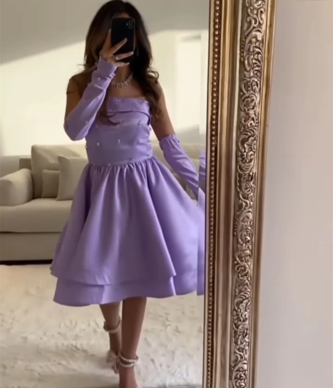 

Vintage Short Satin Beaded Evening Dresses With Pockets A-Line Lilac Tea Length Prom Dresses With Cape for Women