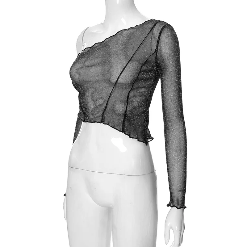 Top corto de un solo hombro con purpurina negra transparente, ajustado, liso, para mujer, top sexy de malla Y2K para fiesta, verano 2025
