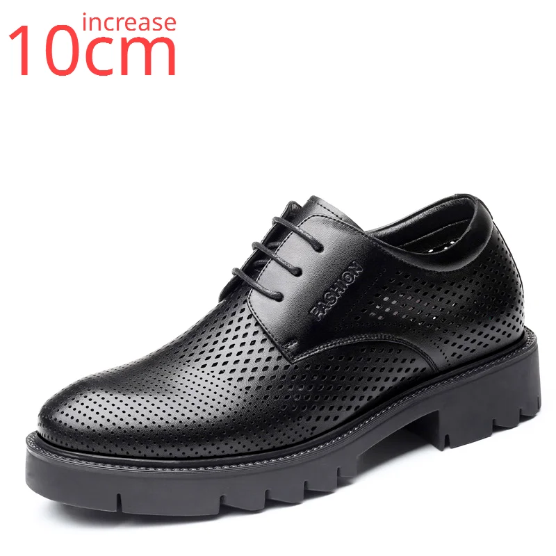 

Summer Sandals Men Increased 10cm Black Thick Sole Business Elevated Shoes Genuine Leather Breathable Hollow Leather Sandals Men