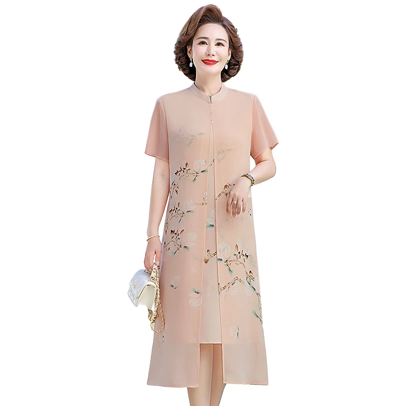 

Women's Vintage Middle-aged Fake Two Dress, Elegant Short Sleeve Chiffon Party Dress, Casual Mother Dress, High Quality, Summer