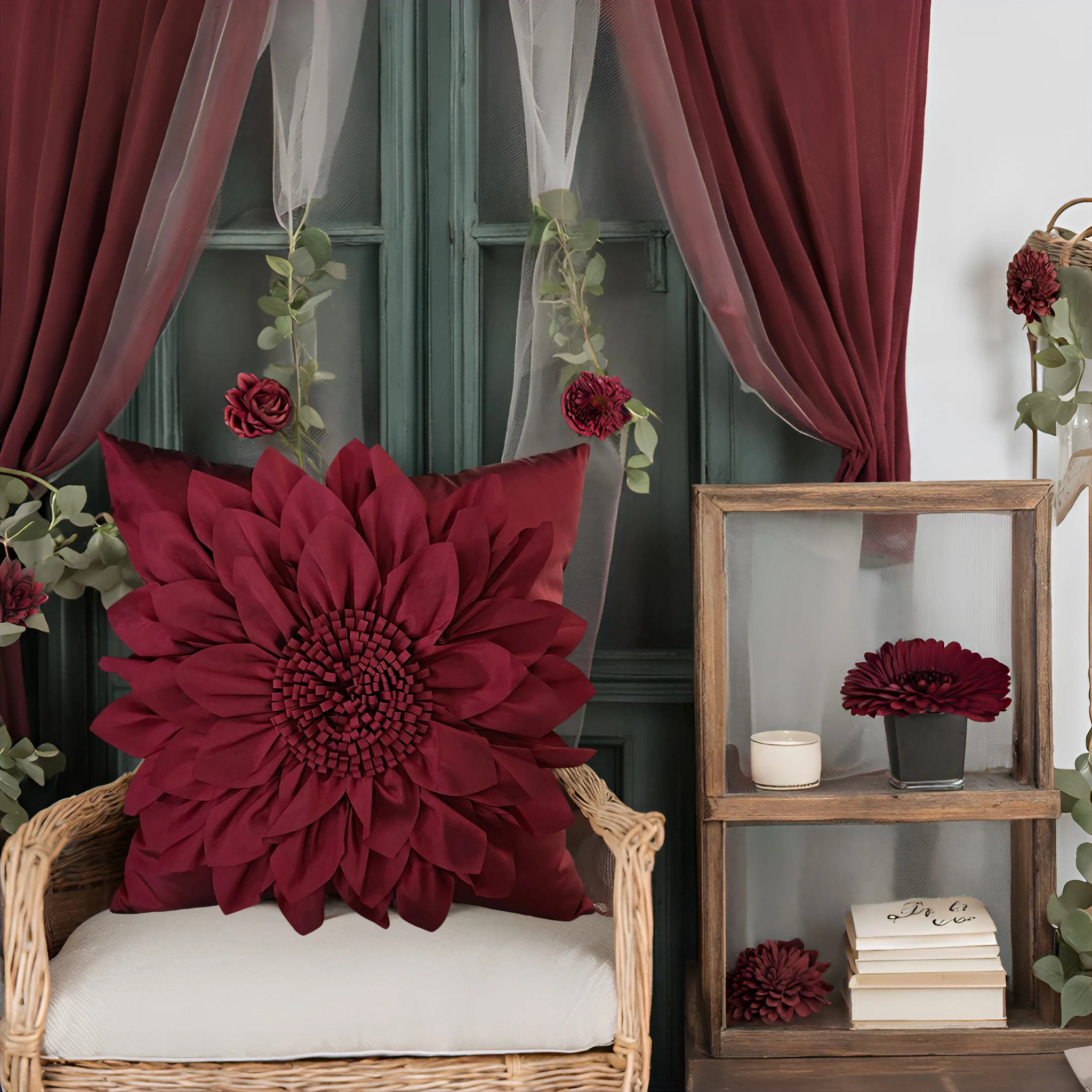 Burgundy Decorative Cushion Covers For Sofa 3D Sunflower Pillow Cover Luxury Handmade Bed Couch Bohemia Wine Red Pillow Case