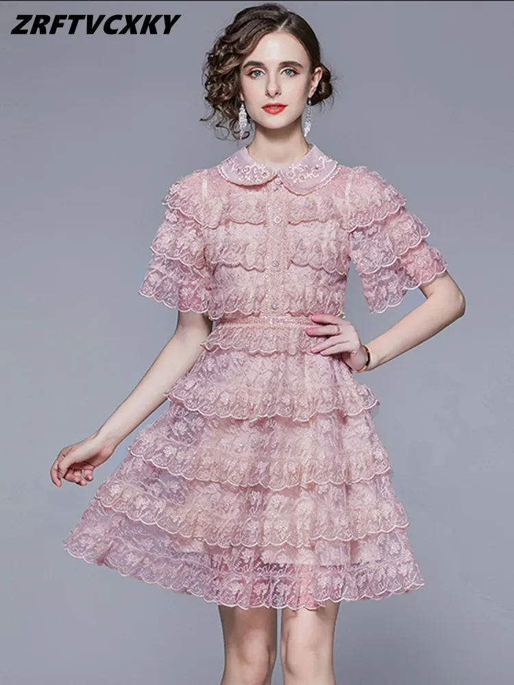 

New Arrival Fashion Embroidery Lace Dresses Women Summer Sweet Peter Pan Collar Runway Cascading Ruffle Cake Mesh Holiday Dress