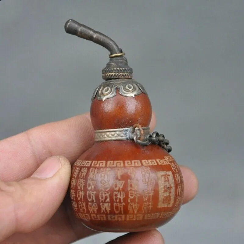 

Old China Natural Gourd Bronze Tibet Silver Text Calabash Cucurbit Snuff Bottle Statues for Decoration Collection Ornaments
