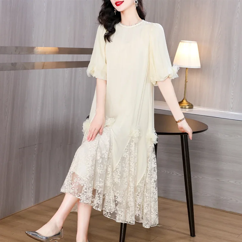 

Women Luxury Floral Beading Embroidery Midi Dress 2024 Korean Elegant Loose Maxi Dress Summer Vintage Chic Party Evening Vestido