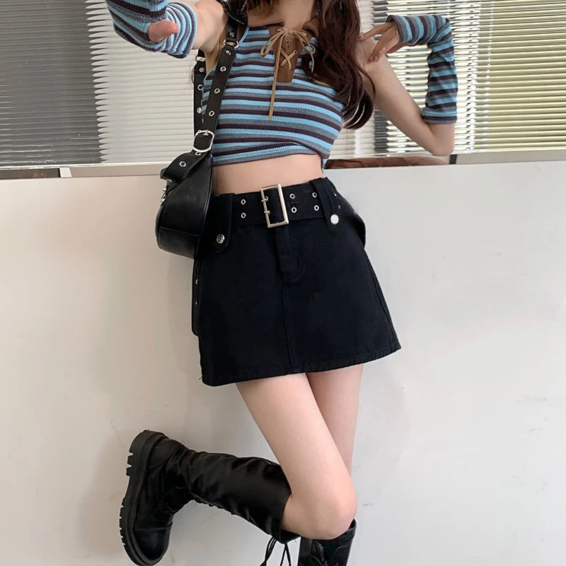 

American denim black a-line high-waisted bustier ins style new temperament anti-glare package hip hot girl super short skirt