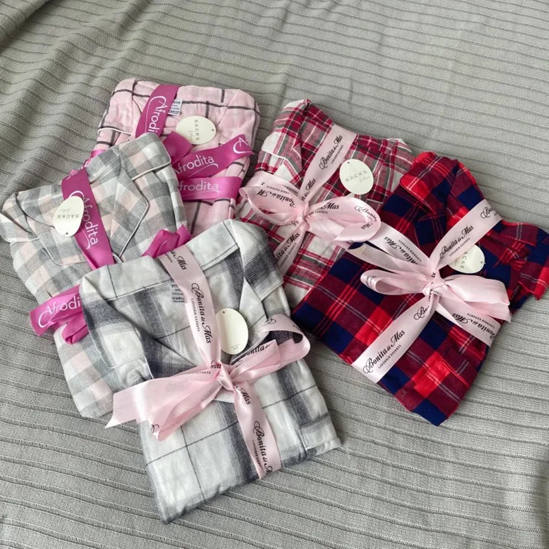 Autumn Long Sleeves Pajamas For Women Knitted Cotton Plaid Pajama Set Breathable Comfortable