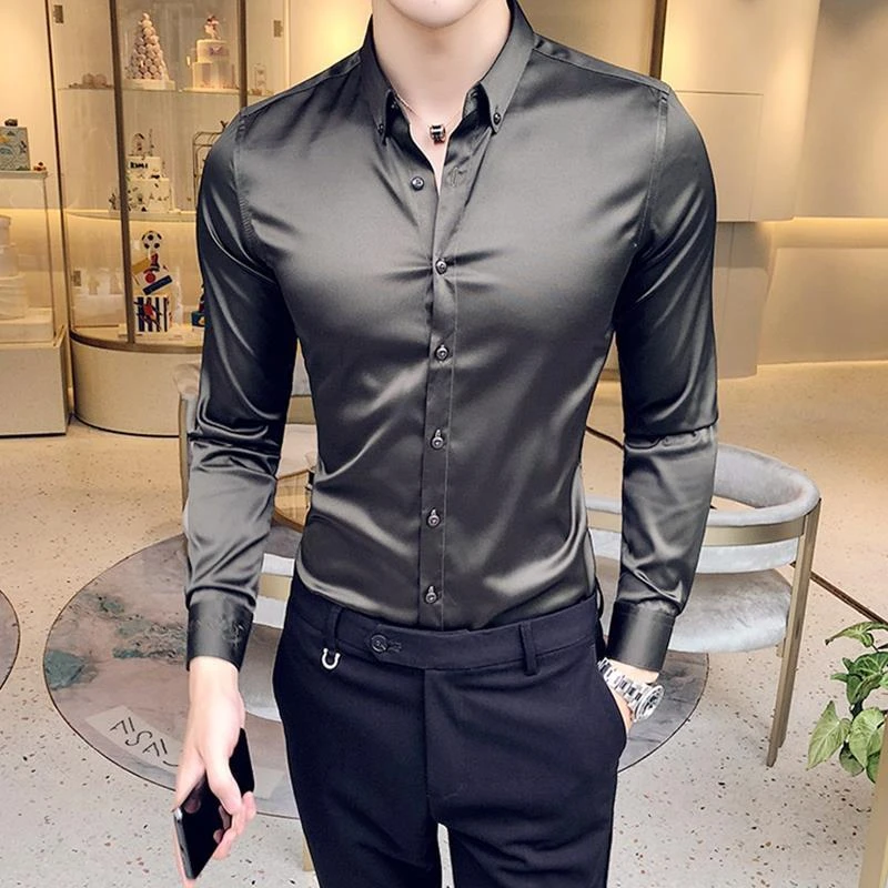 

Plain Long Sleeve Shirts and Blouses for Men Business Silk Summer Button Man Tops Fashion 2023 Social High Quality Clothing S I