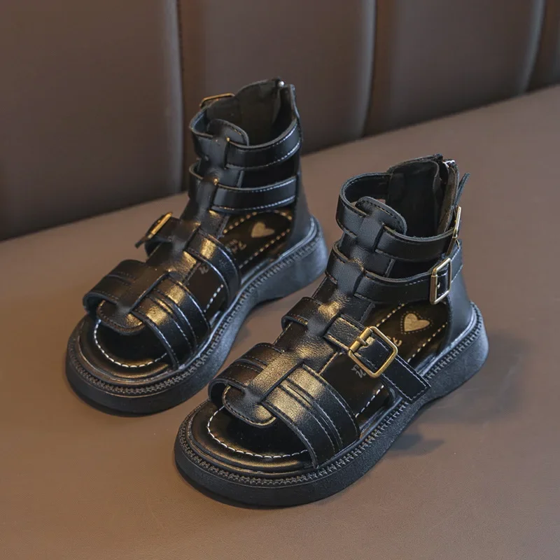 Children's Gladiator Sandals Summer Girls Causal Beach Sandals Fashion Soft Bottom Kids School Cut-outs Roman Sandals Back Zip