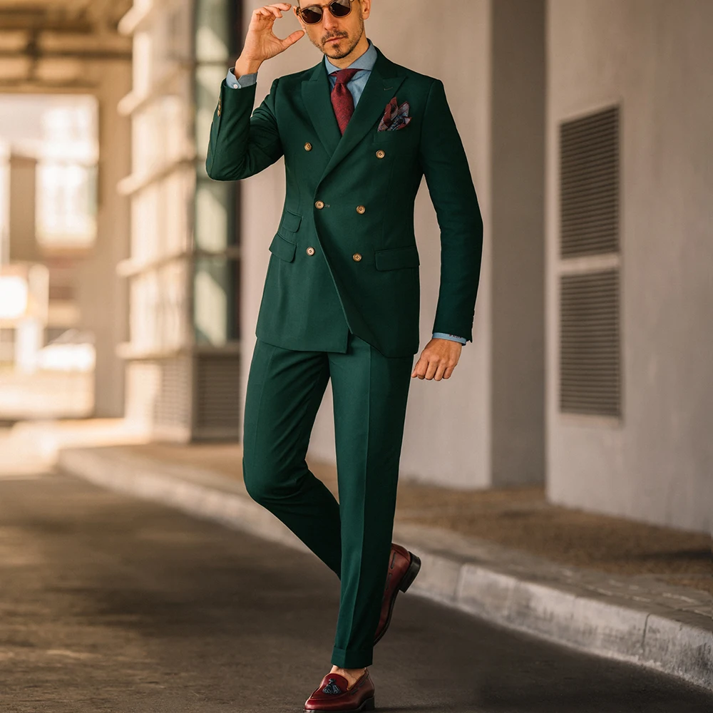 

Green Men Suits Fashion Prom Casual Formal Wedding Tuxedo Peak Lapel Double Breasted Blazer 2 Piece Set Male Suit Slim Fit 2023
