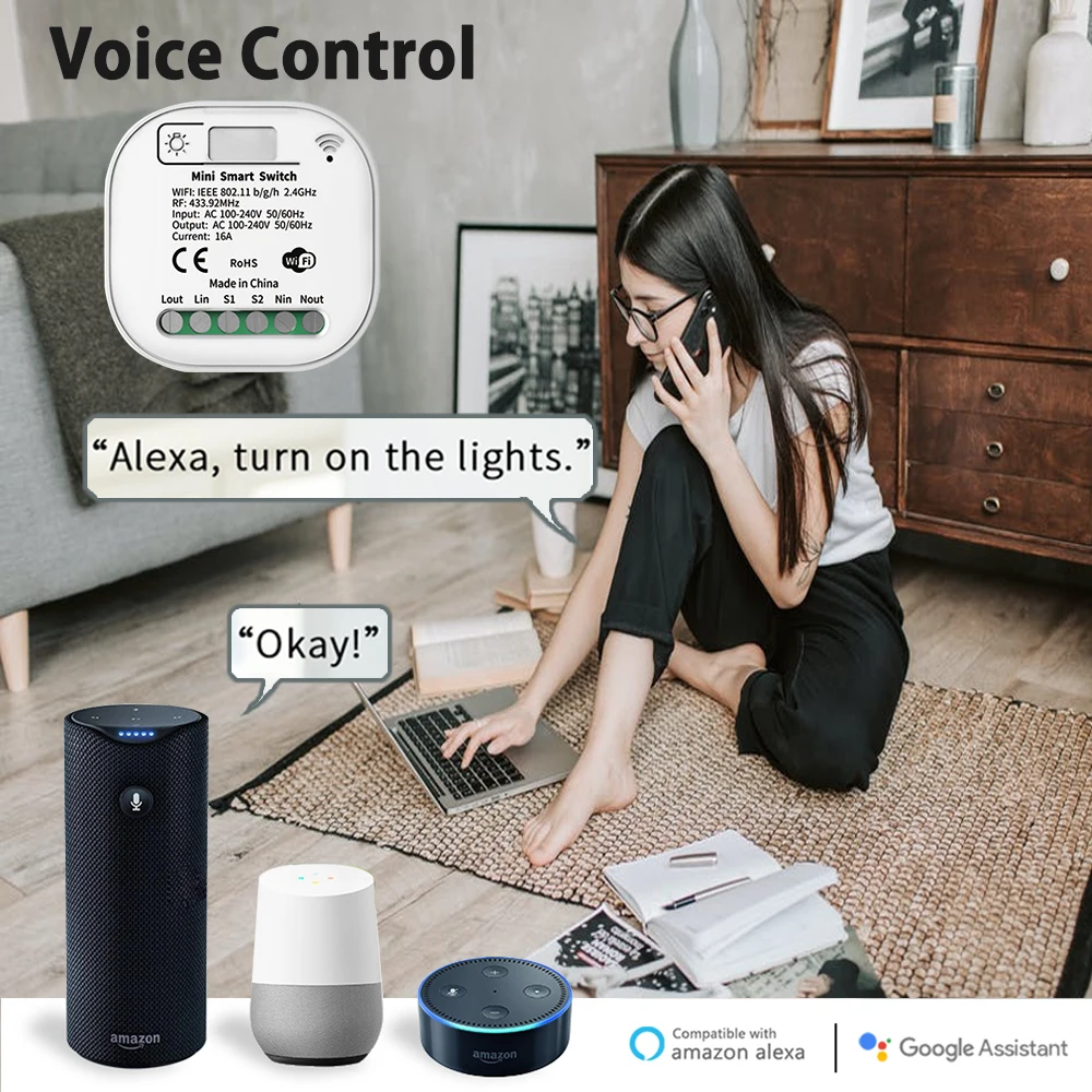 Tuya 무선 스마트 Wifi 조명 스위치 자체 전원 버튼 벽 스위치 배터리 없음 433Mhz 컨트롤러 220V 16A 인터럽터 Alexa